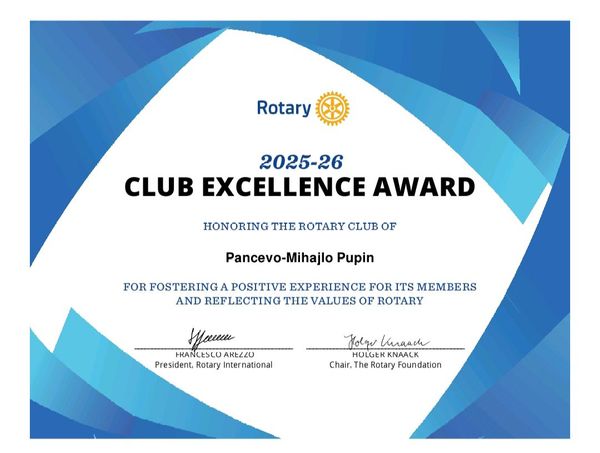 Klubu dodeljeno priznanje Club Excellence Award za 2025/2026.