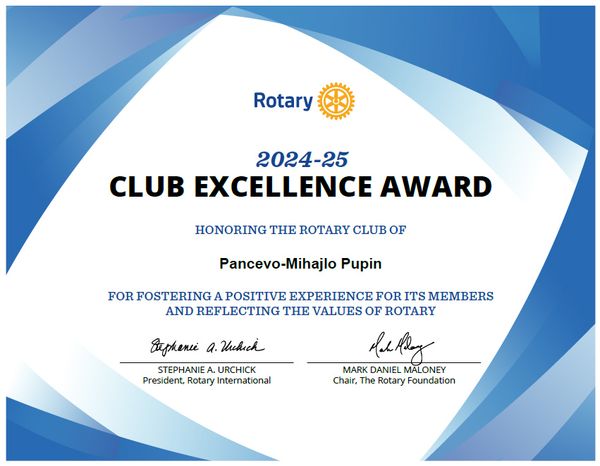 Rotari klub "Mihajlo Pupin" dobitnik je CLUB EXCELLENCE AWARD (CITATION)…